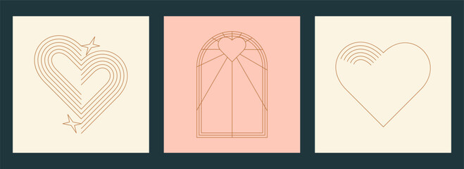 Abstract minimalist Valentine's Day greeting card design set. Geometric Heart shape icons. Vector illustration in line art vintage style