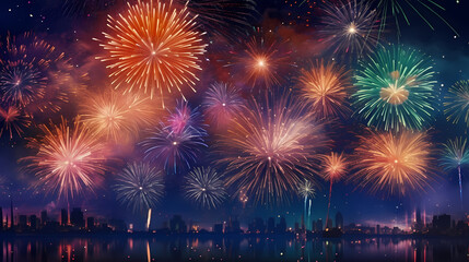 Obraz premium Beautiful creative holiday background with fireworks and sparkles