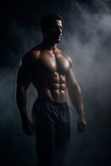 Shirtless Man Standing in Dark - Masculine, Mysterious, Strong. Generative AI.