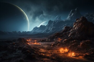 Rocky terrain of a distant exoplanet lit by an ethereal aurora. Generative AI