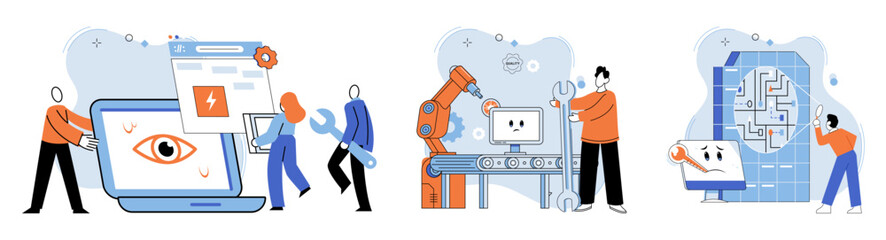 Computer troubleshooting. Vector illustration. Technicians provide technical assistance to users experiencing computer problems The computer troubleshooting metaphor represents intricate nature