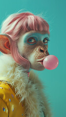 A stylized anthropomorphic hyperrealistic female monkey chimpanzee animal with pink hair and bubblegum against a teal background. Surreal creature concept
