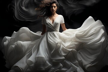 A bold and dramatic shot of a model in a voluminous white ball gown, creating a sense of purity against a dark and mysterious background