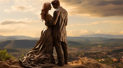Fototapeta premium Atop a mountainous vantage point, a non-deformed human couple embraces romantically while gazing at the awe-inspiring view, their gestures conveying a profound sense of unity and admir - Generative AI