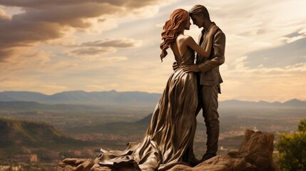 Atop a mountainous vantage point, a non-deformed human couple embraces romantically while gazing at the awe-inspiring view, their gestures conveying a profound sense of unity and admir - Generative AI - obrazy, fototapety, plakaty