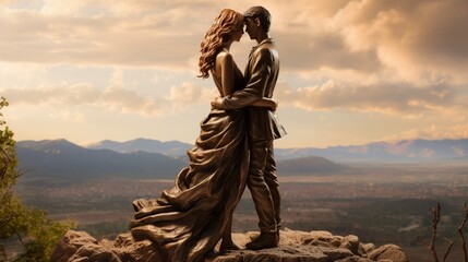 A scenic overlook atop a mountain, a romantic non-deformed human couple embracing as they gaze at the breathtaking view, a sense of unity and admiration evident in their gestures - Generative AI - obrazy, fototapety, plakaty