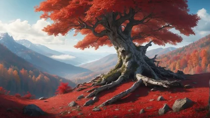 Fotobehang Landscape with an autumn forest, an old lone rotten beech standing on a mountainside covered with a lot of fallen red foliage.   © Arza