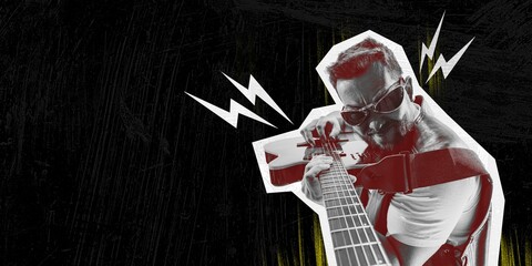 Poster. Contemporary art collage. Enthusiastic guitarist dressed trendy fashion outfit and playing guitar against black background with negative space. Concept of Rock-n-roll day, music. Ad