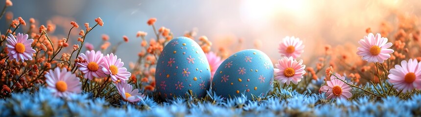 Beautiful postcard with easter decoration and painted colorful easter eggs. Banner - Powered by Adobe
