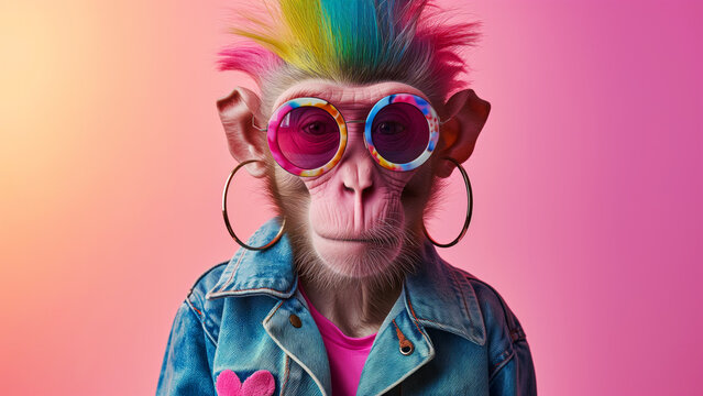 Portrait of monkey chimpanzee with a rainbow mohawk and funky glasses wearing denim jacket on a minimal pink gradient background. Fantasy character concept