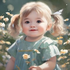 little  cure girl with flowers and with smiling face