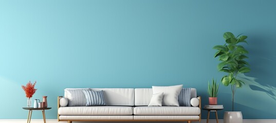 Empty living room with blue toned wall, minimalist interior design concept