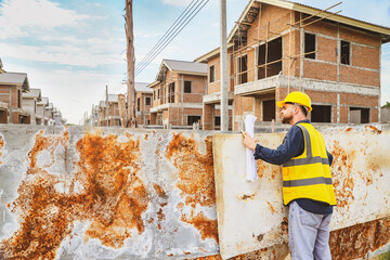Male worker contractor inspects the temporary entrance made from old rusted steel sheets during construction housing development, maintaining safety prevent outsiders from entering without permission.