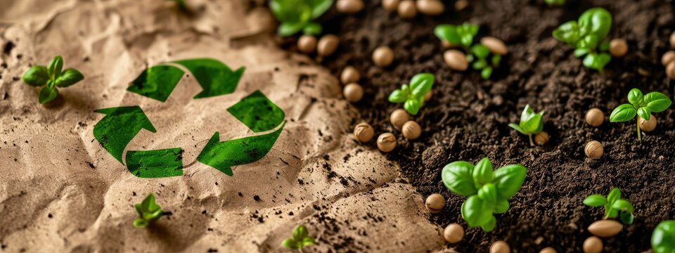 A recycle symbol crafted from brown paper lies in fertile soil, sprouting a vibrant green plant.