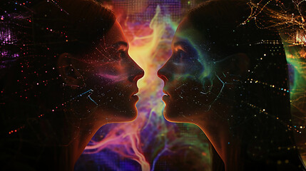 Fototapeta premium Human figures falling in love futuristic. People communicate with each other using a neural interface, synchronization of data and the release of binary endorphins