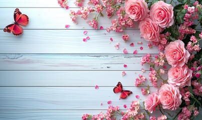 Top-view,  Pink Roses and Butterflies on Whitewashed Wood background, embodying a springtime garden aesthetic,banner love concept 
