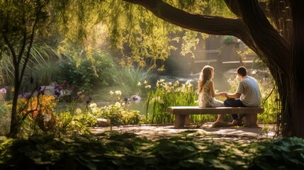 A serene garden setting, a couple enjoying a peaceful moment, HDR photography capturing the sharpness of details in the natural environment - Generative AI