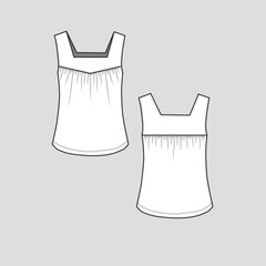 Sleeveless square neck top gatherings detail vest tank singlet fashion clothing flat sketch technical drawing template design vector