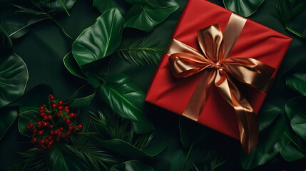 A gift wrapped in red on one side of the image against a green background. 