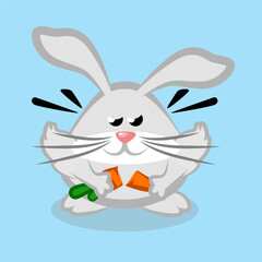 Cute Angry Rabbit Break Carrot. Cartoon Vector Illustration Animal. Flat Cartoon Style