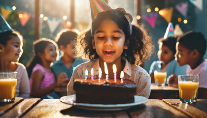 Birthday celebration. Girl blowing out candles on a birthday cake