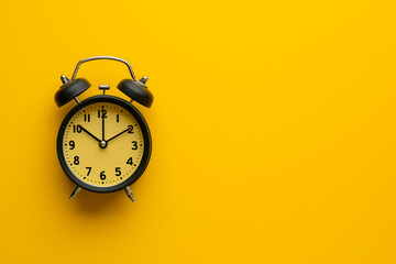 Black retro alarm clock on isolated background. Close up one classic alarm clock over yellow background. Black alarm clock retro circle watch isolated object and vintage classic design. Wake up - obrazy, fototapety, plakaty