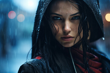 Ai generative illustration of science fiction female cyberpunk in rainy dark city