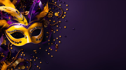 purple and yellow venetian or masquerade mask, feather, confetti. over on the purple background....