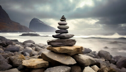 Fototapeta na wymiar Tranquil Harmony: A Balanced Stack of Pebbles on the Beach