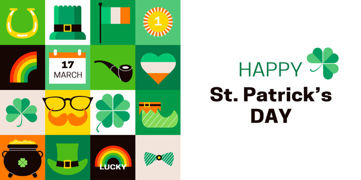 Happy Saint Patrick's Day holiday background. St. Patricks day festive banner template. Modern geometric style. Flat vector illustrations