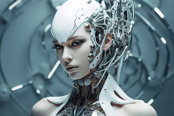 Picture of futuristic female smart modern robot created with generative AI technology - obrazy, fototapety, plakaty