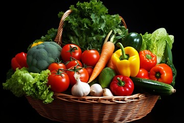 Assortment of vibrant, farm-fresh vegetables arranged beautifully in a rustic woven basket
