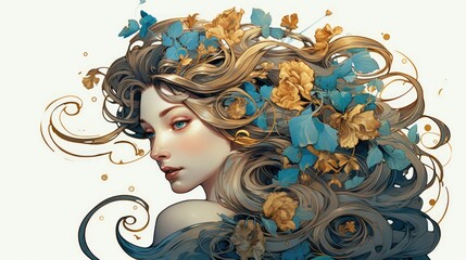 Ethereal Woman Embraced by Art Nouveau Botanicals.
