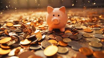 piggy bank and coins on the ground, blurred outdoor background - obrazy, fototapety, plakaty