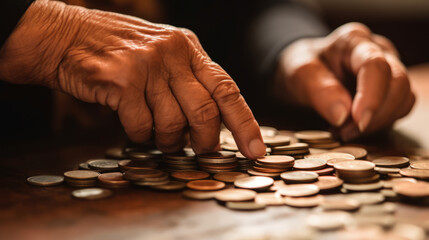 Close-up of an old woman's hands counting coins