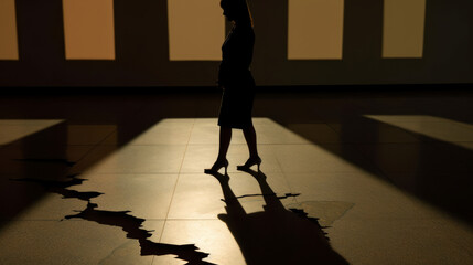 A businesswoman's silhouette casts a long shadow over cracked ground