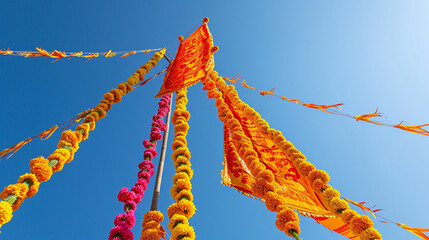 A traditional Gudi Padwa setup with a vibrant Gudi flag fluttering against a clear blue sky, surrounded by marigold garlands and festive decorations. The symbolic Gudi stands tall,