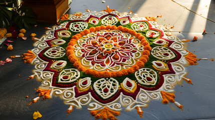An ornate Gudi Padwa rangoli design incorporating symbols of prosperity and good fortune, created with meticulous precision. The colorful and intricate patterns evoke a sense of ar