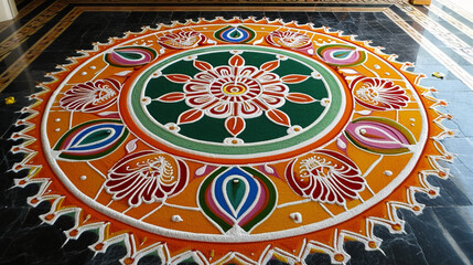 Obraz premium An ornate Gudi Padwa rangoli design incorporating symbols of prosperity and good fortune, created with meticulous precision. The colorful and intricate patterns evoke a sense of ar