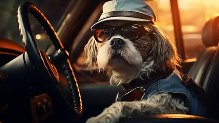 Deurstickers a dog in clothes is driving a car humor joke © kichigin19