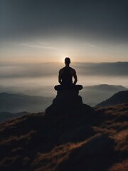 Man Sits on Mountain Summit, Sunset in Background. Generative AI.