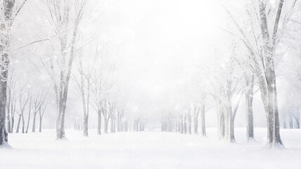 Obraz premium winter alley of trees, snowfall in the morning misty park, winter landscape, seasonal abstract blurred background copy space