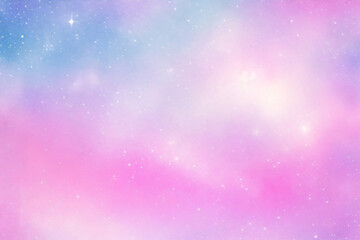 Holografischer Fantasy-Regenbogen-Einhorn-Hintergrund mit Wolken und Sternen. Pastellfarbener Himmel. Magische Landschaft, abstraktes, fabelhaftes Muster. Süße Süßigkeiten-Tapete. Vektor. - obrazy, fototapety, plakaty