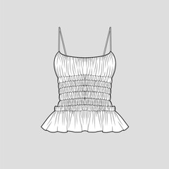 Smocked Gathering camisole top Fashion smocking detail fashion sleeveless top clothing flat sketch technical drawing template design vector