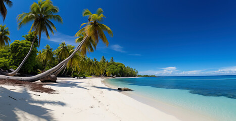 Fototapeta na wymiar Title panoramic view of tropical beach with clear blue water and palm trees on sunny day