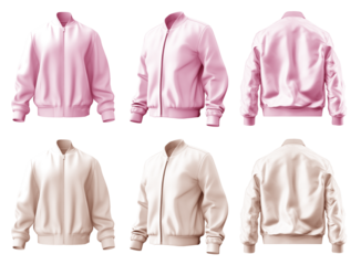 2 Set of pastel light pink beige, unisex bomber jacket with full zip zipper collar, front back side view on transparent background cutout, PNG file. Mockup template for artwork graphic design