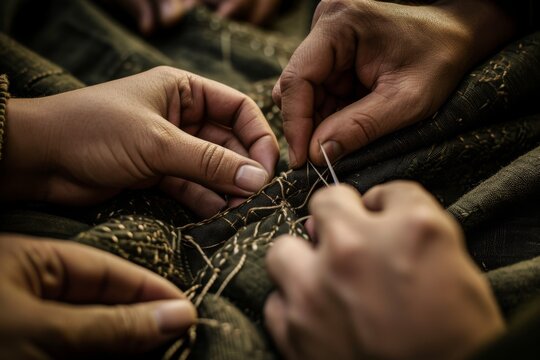 hands skillfully sewing an intricate design onto a piece of fabric