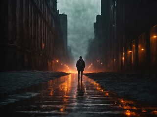 Man Walking Down Night Street With Confidence in Urban Setting. Generative AI.