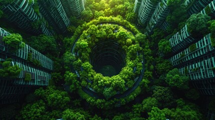 Futuristic Metropolis with Lush Greenery from an Aerial Drone View. - obrazy, fototapety, plakaty