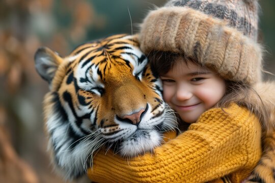 Child hugging a friendly tiger. 